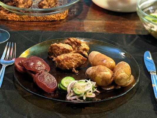 Frikadeller, fingerling potatoes, pickled beets, Thai pickled cucumbers, and gravy 2.jpg