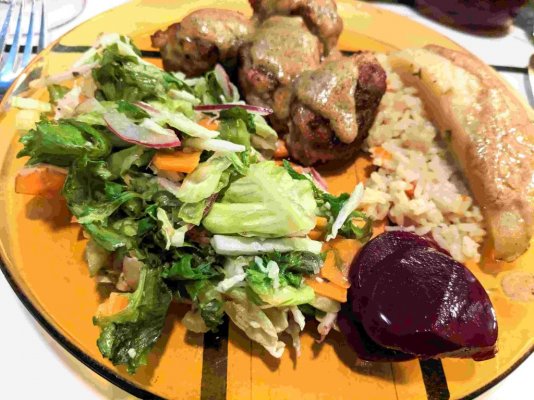 Frikadeller, salad, roast potato, rice, and rødbeder and gravy.jpg