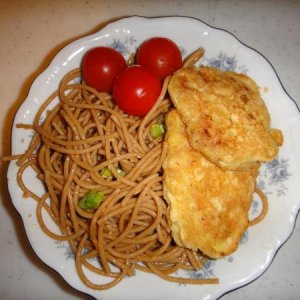 Over the summer, I served sesame seed noodles with everything!  Pictured here are salmon cakes and fresh cherry tomatoes.  A bit monochromatic between