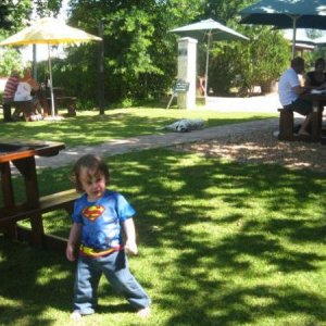 Daniel in his superman outfit at a vineyard in Cape Town