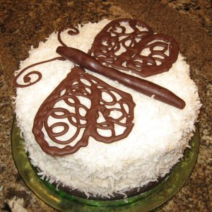 Coconut Cake | 2 layers, cream cheese icing and chocolate bugs.

This cake was an experiment.  The decoration on the top is melted 60 percent chocolat