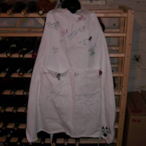 Here's the apron downstairs on the wine rack, it got the full tour!