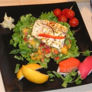 Baked fish on Grilled Mango Salsa