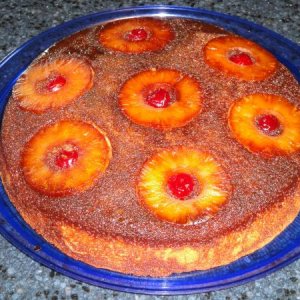 Pineapple Upside Down Cake baked in a cast iron skillet.