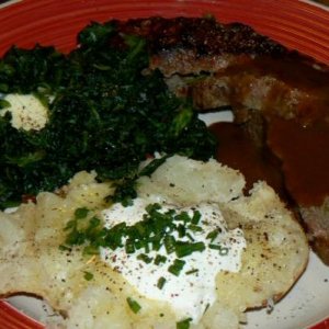 Meatloaf, baked potato and spinach