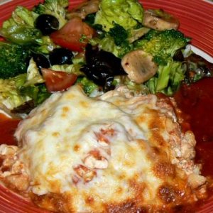 Baked penne and salad