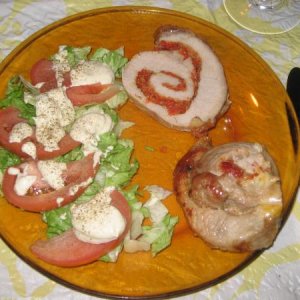 Low carb supper of pork roulade without the pan sauce, and salad