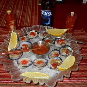 Clams on the half shell, clam shooters.