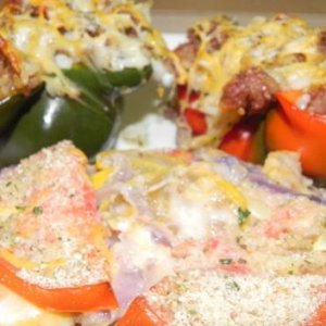 Stuffed bell peppers, squash and purple cabbage casserole