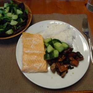 Home Smoked Salmon Fillets with smoker Huli Huli Chicken, Cucumber Kim Chee and of course steamed white rice