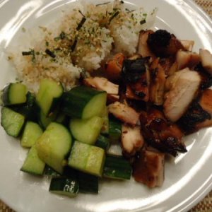 A staple meal at our house, grilled Teriyaki Chicken, Cucumber Kim Chee and steamed White Rice with Shoyu and Furikaki
