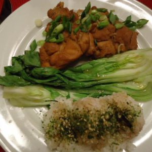 Shoyu Chicken, Baby Bok Choy and Steamed White Rice with Shoyu and Furukaki