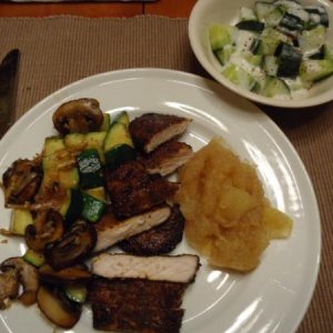 Espresso Rubbed Boneless Pork Chop with homemade Chunky Apple Sauce, Pan roasted Zucchini and Mushrooms, oh and a side salad of diced Cucumbers