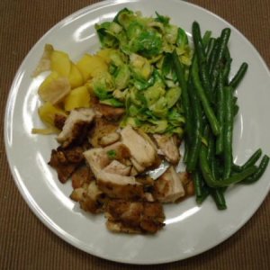 Greek Seasoned Chicken, Yukon Gold Potatoes, Brussel Sprouts and Green Beans