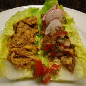 Shredded Chicken Lettuce Wraps with homemade Pico de Gallo and sliced Radishes