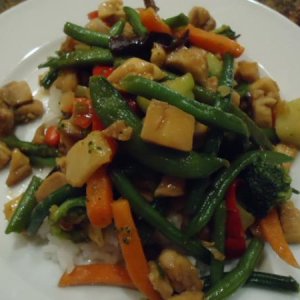 Trader Joe's Asian Stir Fry Vegetables with diced Chicken added, served over steamed white rice