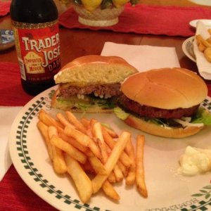 A classic, char-grilled Cheese Burger, French Fries and A BEER!!! I dip my Fries in Mayo