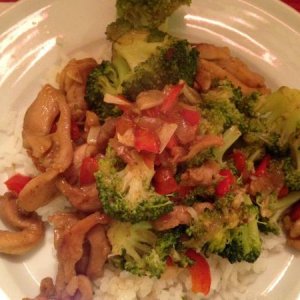 Chicken Broccoli Stir Fry with Sweet Red Bell Peppers and Sweet White Onions over steamed White Rice