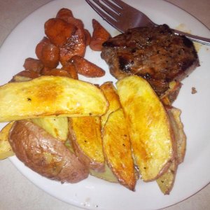 steak, taters, carrots