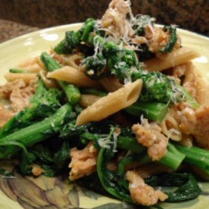 Whole Wheat Penne pasta with Chicken Italian sausage and Broccoli Rabe