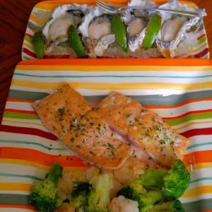 Oysters, salmon , and shrimp