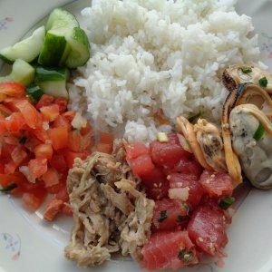 DH's plate: Mussel Poke, Ahi Poke, Kalua Pig, Lomi Salmon, Japanese Cucumber