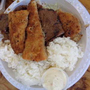 Rainebow Drive-In Mixed Plate, BBQ Beef, Fish and Boneless Chicken--- two scoop rice and one scoop mac salad (my plate btw)
