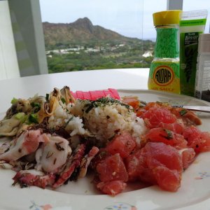 Yet another Mixed Poke Plate out on our lanai in Honolulu that we have rented for the month of May 2018