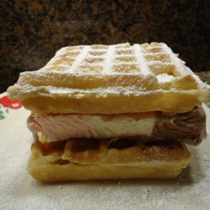 ice cream sandwich, made with Neapolitan Ice Cream Block and leftover Waffles... don't forget the dusting of powdered sugar