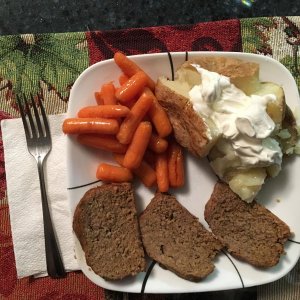 Meatloaf, Baked Potato and glazed carrots