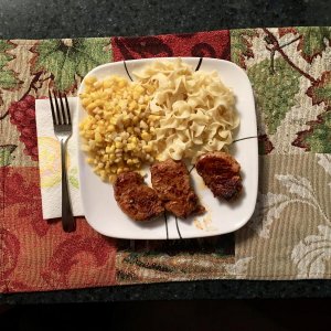 Pan-Seared Chipotle Pork Tenderloin Medallions, Buttered Egg Noodles and Sweet Corn
