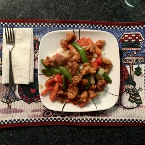 Orange Chicken with Sugar Snap Peas, Red Pepper and Onion over White Rice