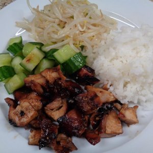 Fire Grilled Teriyaki B/S Chicken Thighs-chopped with Seasoned Bean Sprouts and steamed White Rice