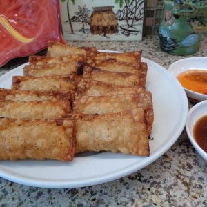 Crispy Gau Gee, a Cantonese Treat, delicious with dipping sauces of Sweet Thai Chili Sauce as well Wasabi with Shoyu, MMM!