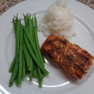 Fire Grilled Salmon Fillets, fresh Green Beans and steamed White Rice