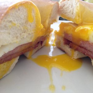 taylor's ham egg and cheese breakfast sammie on a bagel