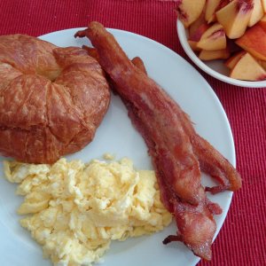 Costco Croissants are always inour deep freeze, paired with scrambled Eggs, Bacon and fruit, that's Sunday Brunch in my kitchen in the middle of the d