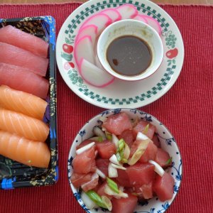 Ahi & Salmon Nigiri Sushi with sides of slice Kamaboko and Ahi Poke, ONO!!
