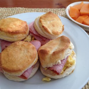 Brunch at home
Flaky Pillsbury Pop`N Fresh Biscuits filled with Scrambled Eggs, Ham and Cheese
Diced Cantaloupe on the side for DH
