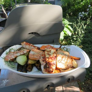 Braised veggies from the fire pit and Salmon off the gas grill.