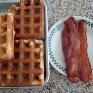 Homemade Waffles and Bacon, Sunday Brunch couldn't be finer!  Fresh Coffee, Juice, some fruit, MMM!