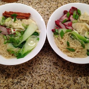 Won Ton Mein Deluxe or Noddle Bowls.  I use S&S brand Saimein from Hawaii, homemade Char Siu, Baby Bok Choi, Trader Joe's Pork Pot Stickers (I can't f
