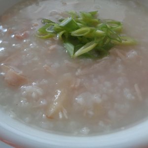 Turkey Jook or Congee, Chinese Rice Poriage, YUM!  In Hawaii we save our Turkey carcass and make the broth first, pick the meat off the bones and then