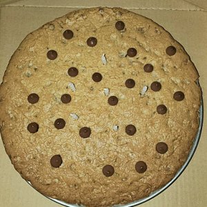 Choc chip cookie pizza size!