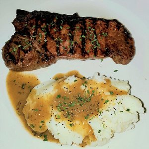 BBQ , NY steak & mashed w/ onion gravy