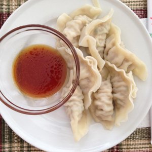 Pork & Veggie Gyoza with a Soy Sauce based dipping sauce, YUM!
