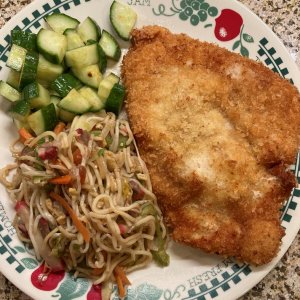 Chicken Katsu, Fried Saimin (Noodles) and my Quick Cucumber Kim Chee (kimchi, whatever).