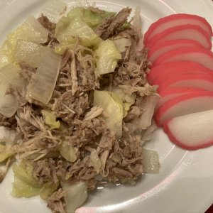 Oven Roasted Kalua Pork with Sweet White Onions and Cabbage, with a side of Kamaboko, steamed Japanese Fish Cake