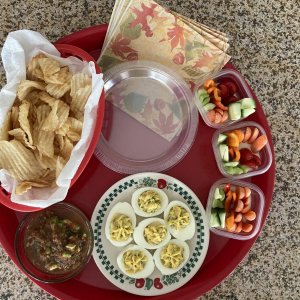 Neighborhood Gal Pals' Card Game ... I always take a snack for the entire class! Chips & fresh Salsa, individual Crudités with Ranch Dressing in the b