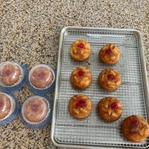 Individual Pineapple Upside Down Cakes for the Neighborhood Girls Bingo Night Out.
I even brought some in to-go packaging for the gals to take home to